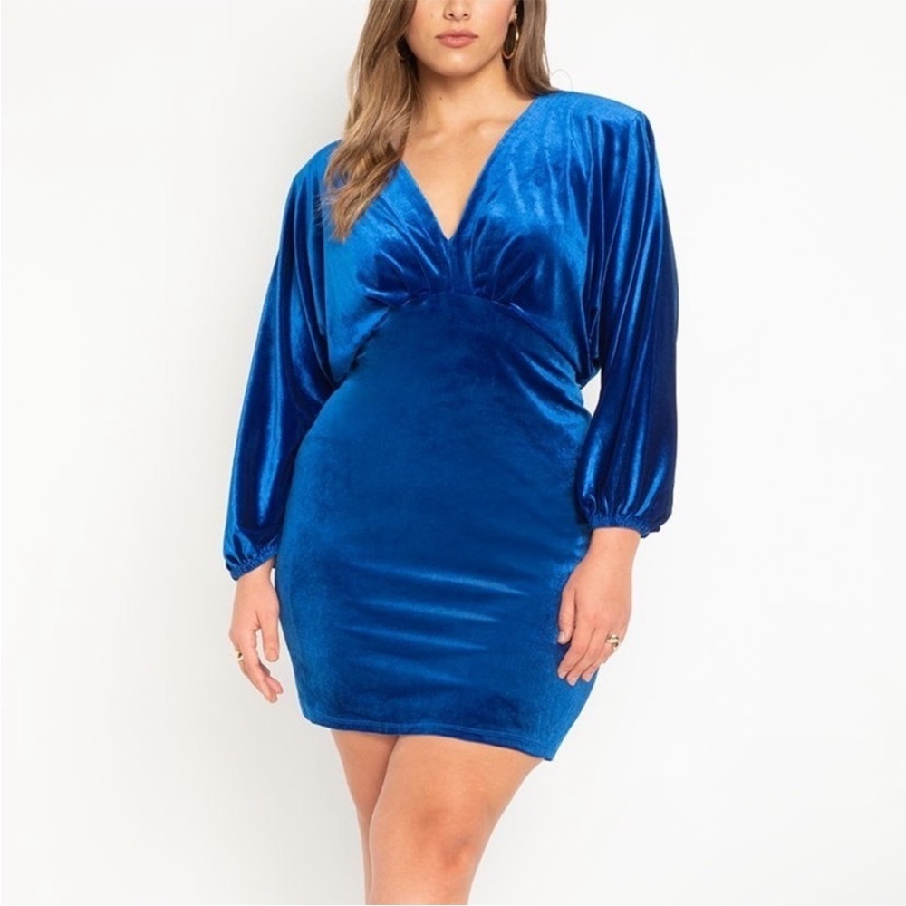 Eloquii Blue Velvet Plunge V Neck Mini Dress